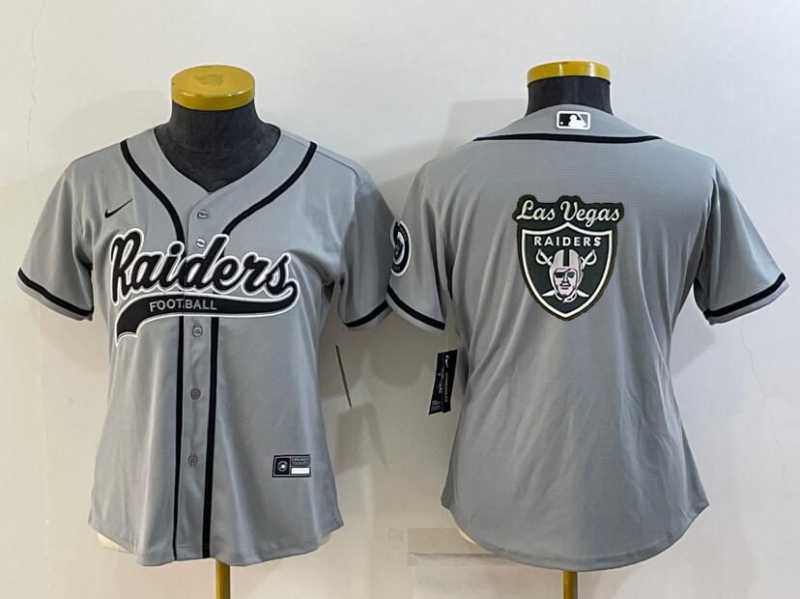 Women%27s Las Vegas Raiders Grey Team Big Logo With Patch Cool Base Stitched Baseball Jersey